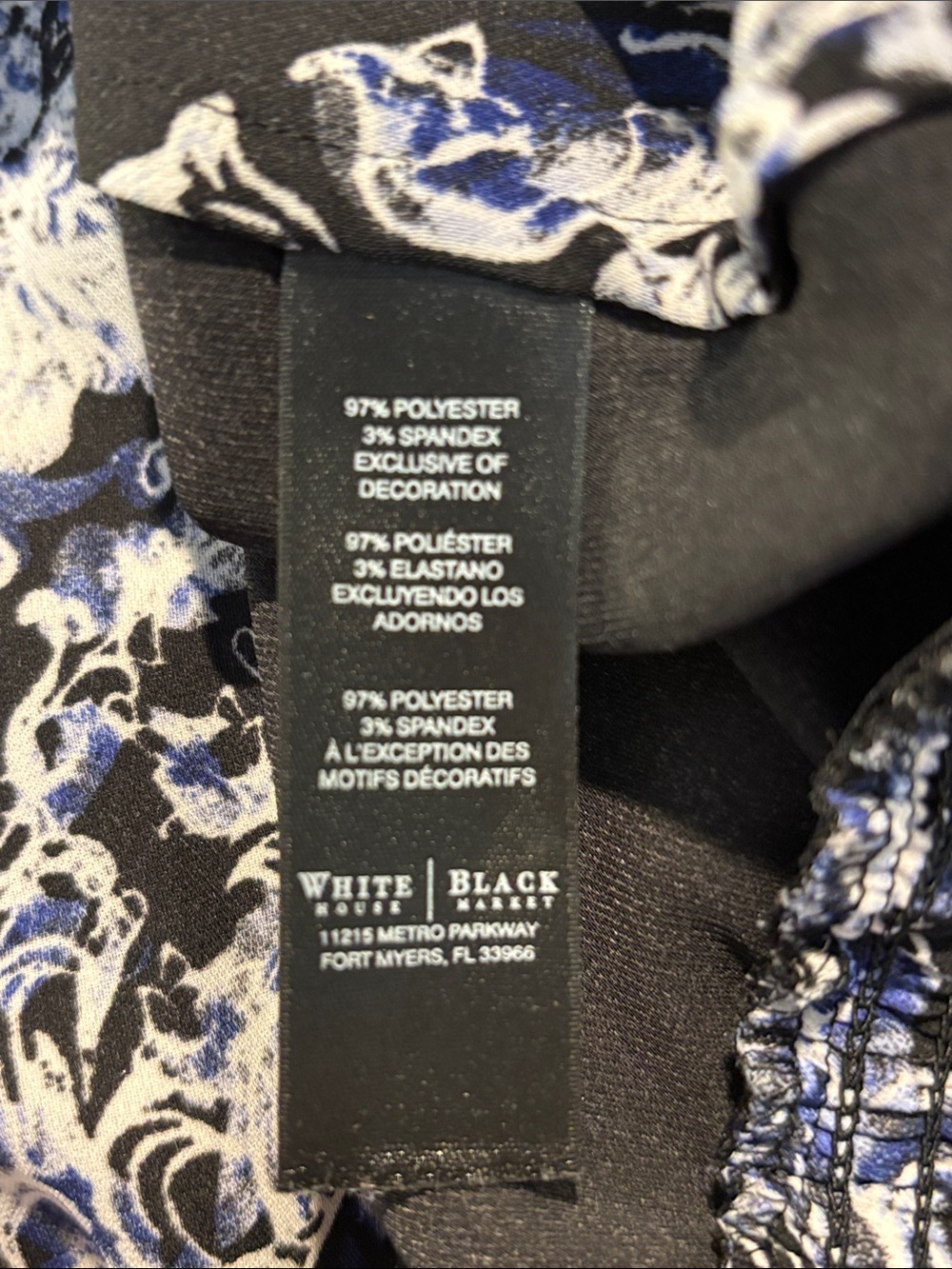 White House Black Market Black Wrap Blouse with Blue and White Scroll Print - Picture 7 of 7